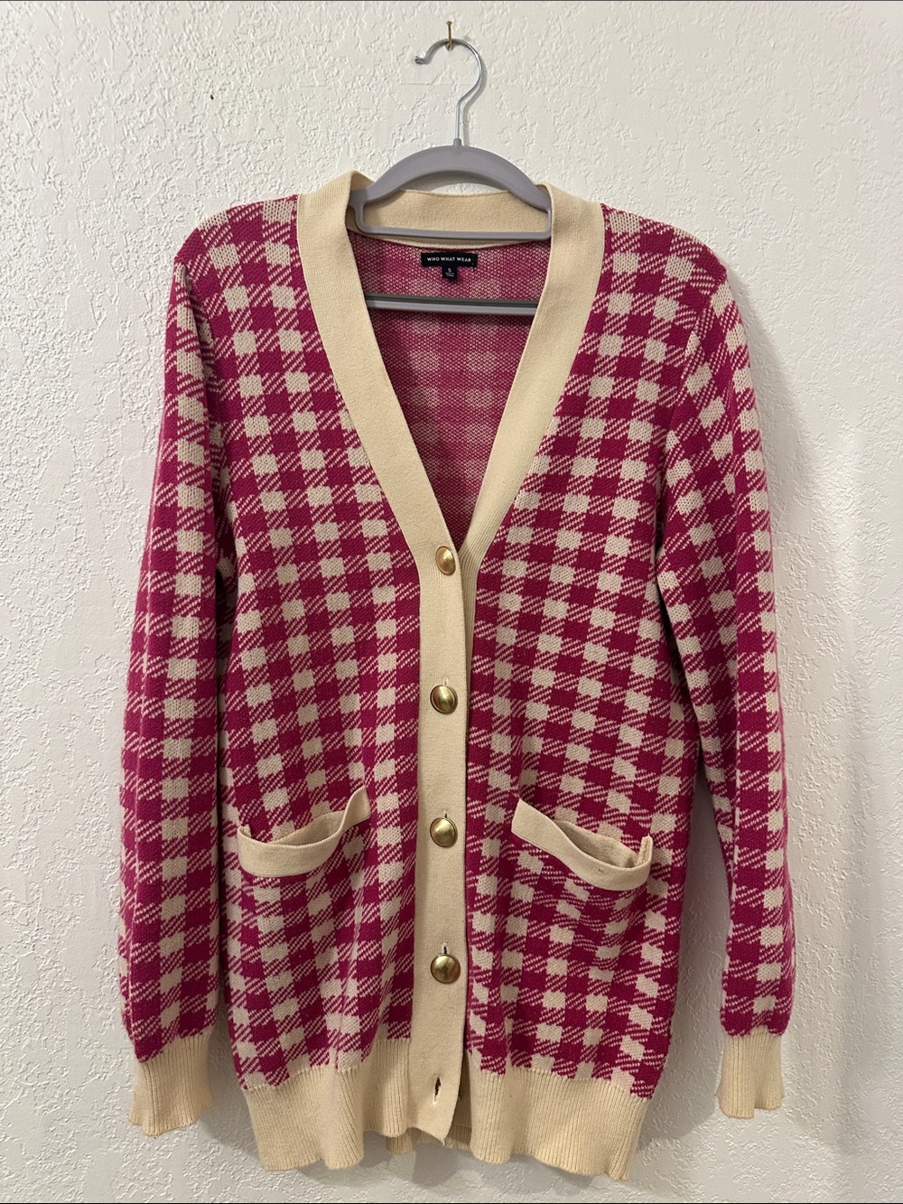 Who What Wear Pink and Cream Houndstooth Button Cardigan